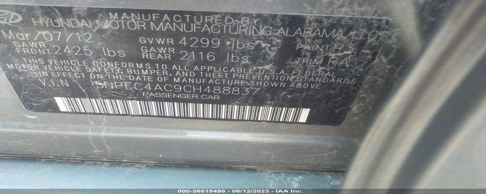 5NPEC4AC9CH488837 2012 HYUNDAI SONATA photo no. 9