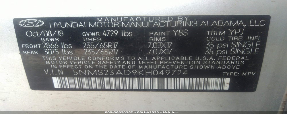 5NMS23AD9KH049724 2019 HYUNDAI SANTA FE photo no. 9