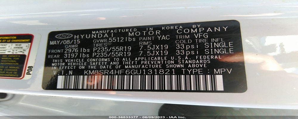 KM8SR4HF6GU131821 2016 HYUNDAI SANTA FE photo no. 9
