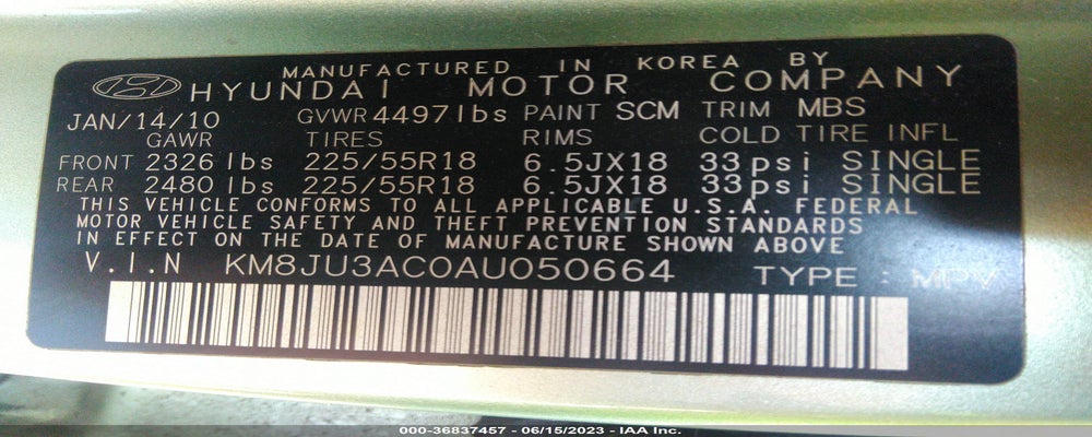 KM8JU3AC0AU050664 2010 HYUNDAI TUCSON photo no. 9