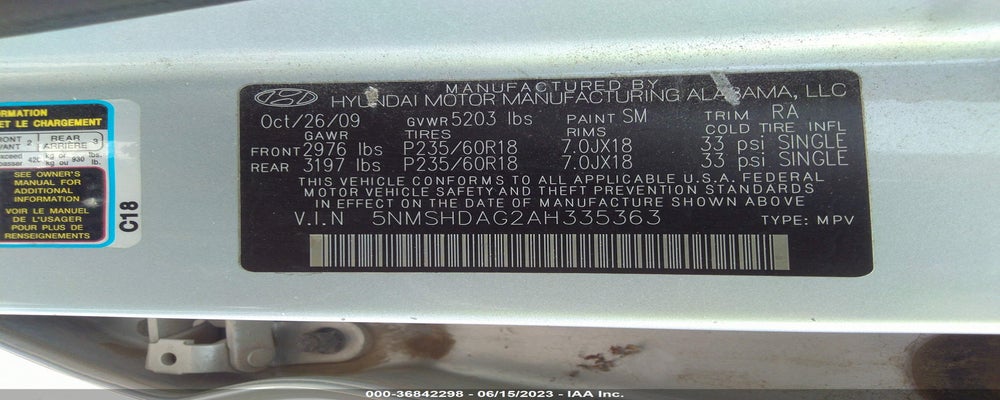 5NMSHDAG2AH335363 2010 HYUNDAI SANTA FE photo no. 9
