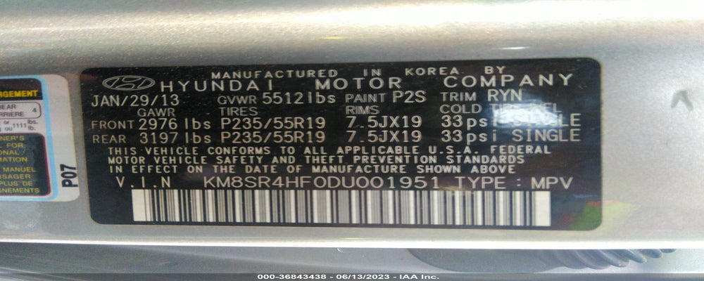 KM8SR4HF0DU001951 2013 HYUNDAI SANTA FE photo no. 9