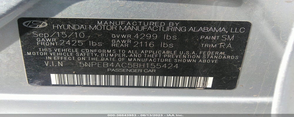 5NPEB4AC5BH155424 2011 HYUNDAI SONATA photo no. 9