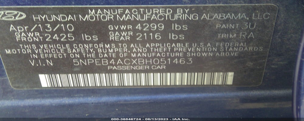 5NPEB4ACXBH051463 2011 HYUNDAI SONATA photo no. 9