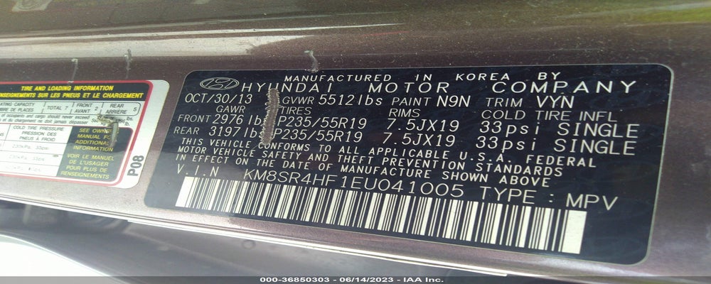 KM8SR4HF1EU041005 2014 HYUNDAI SANTA FE photo no. 9
