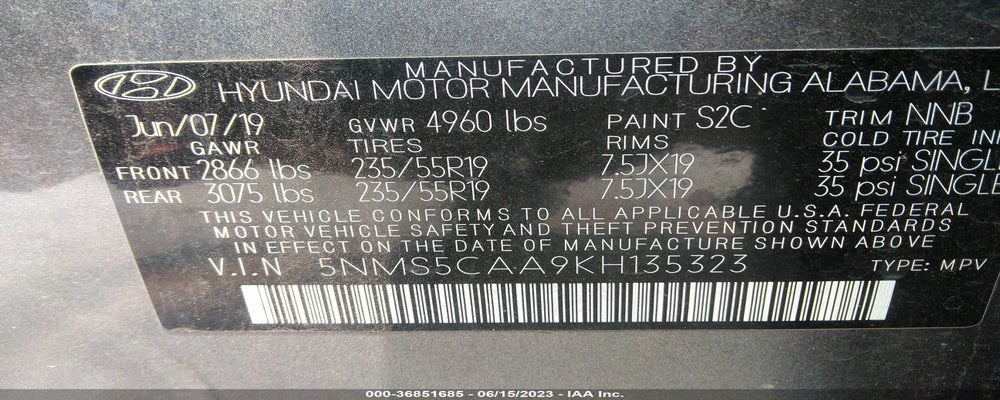 5NMS5CAA9KH135323 2019 HYUNDAI SANTA FE photo no. 9