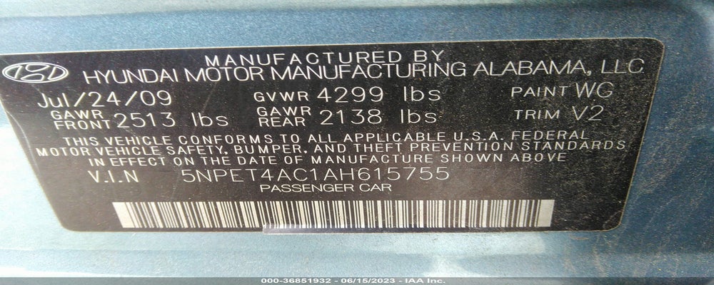 5NPET4AC1AH615755 2010 HYUNDAI SONATA photo no. 9