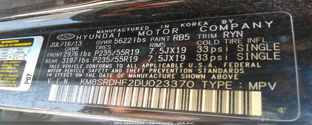 KM8SRDHF2DU023370 2013 HYUNDAI SANTA FE photo no. 9