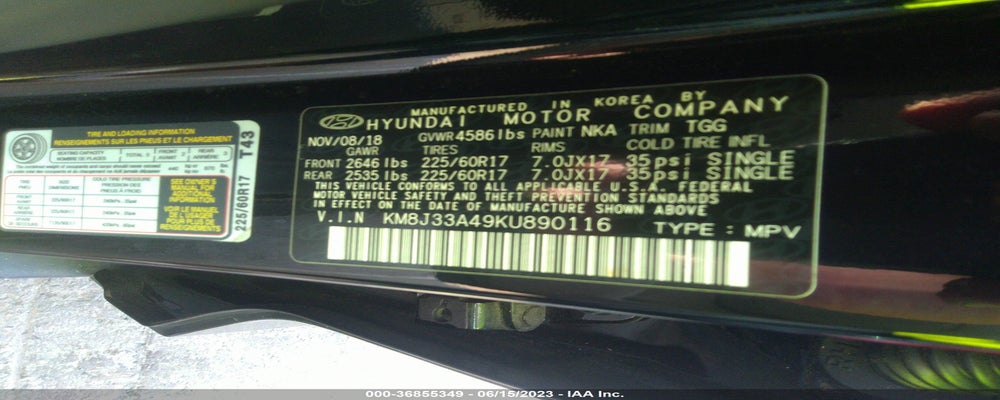 KM8J33A49KU890116 2019 HYUNDAI TUCSON photo no. 9