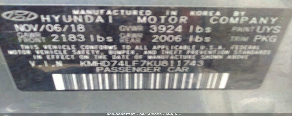 KMHD74LF7KU811743 2019 HYUNDAI ELANTRA photo no. 9