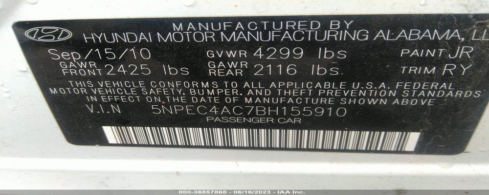 5NPEC4AC7BH155910 2011 HYUNDAI SONATA photo no. 9