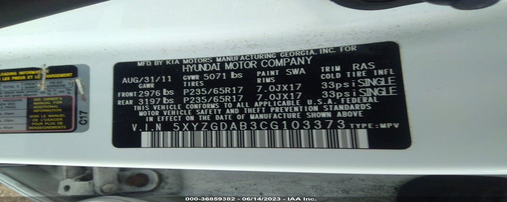 5XYZGDAB3CG103373 2012 HYUNDAI SANTA FE photo no. 9