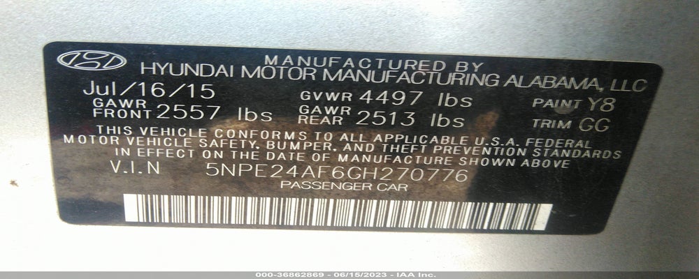 5NPE24AF6GH270776 2016 HYUNDAI SONATA photo no. 9
