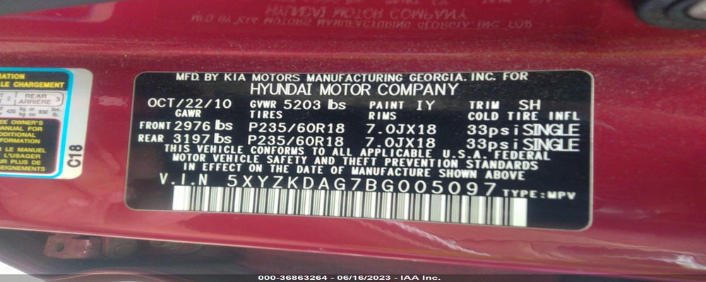5XYZKDAG7BG005097 2011 HYUNDAI SANTA FE photo no. 9
