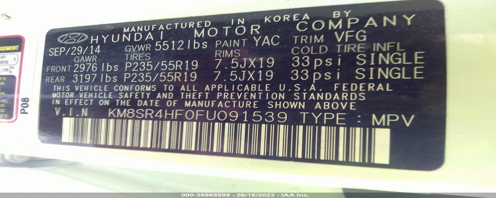 KM8SR4HF0FU091539 2015 HYUNDAI SANTA FE photo no. 9