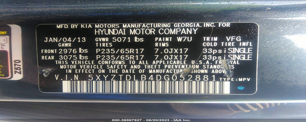 5XYZTDLB4DG052881 2013 HYUNDAI SANTA FE photo no. 9