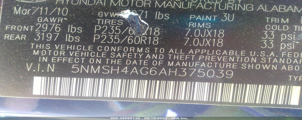 5NMSH4AG6AH375039 2010 HYUNDAI SANTA FE photo no. 9