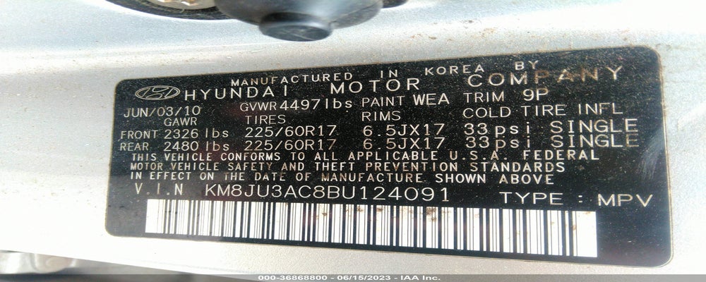 KM8JU3AC8BU124091 2011 HYUNDAI TUCSON photo no. 9
