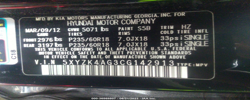 5XYZK4AG3CG142913 2012 HYUNDAI SANTA FE photo no. 9