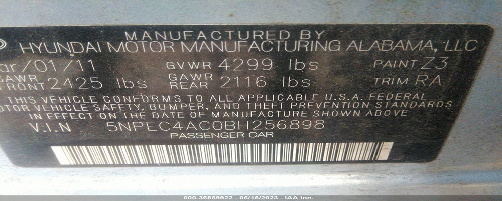 5NPEC4AC0BH256898 2011 HYUNDAI SONATA photo no. 9
