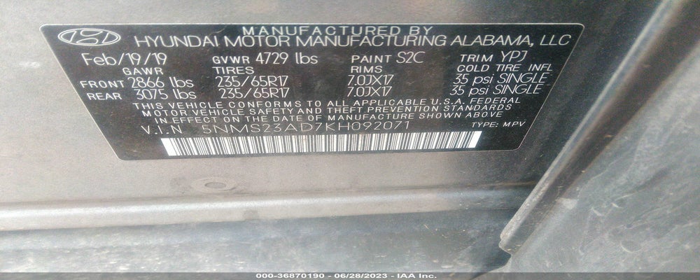 5NMS23AD7KH092071 2019 HYUNDAI SANTA FE photo no. 9