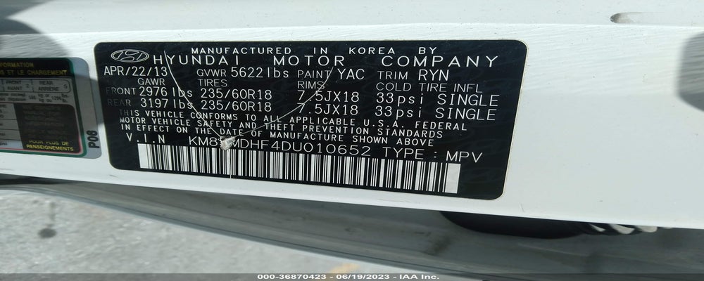 KM8SMDHF4DU010652 2013 HYUNDAI SANTA FE photo no. 9