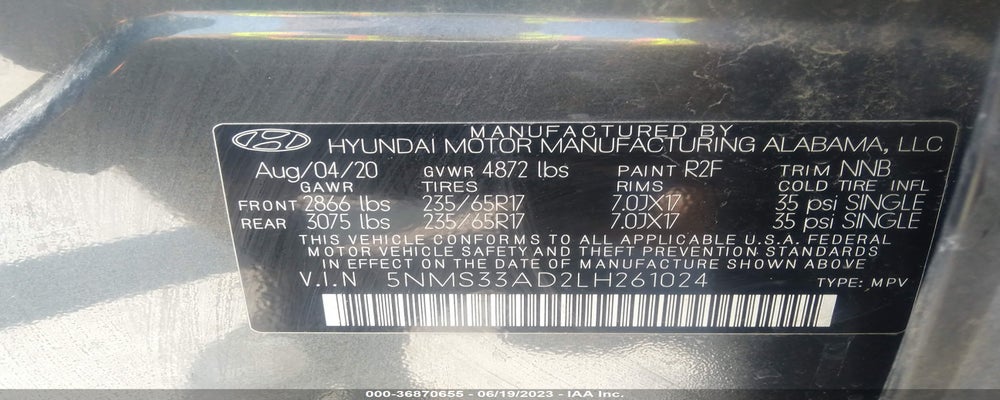 5NMS33AD2LH261024 2020 HYUNDAI SANTA FE photo no. 9