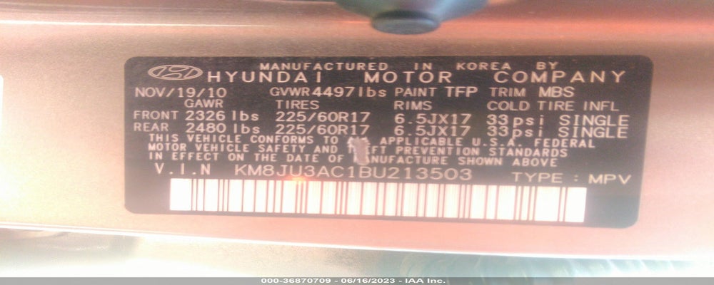 KM8JU3AC1BU213503 2011 HYUNDAI TUCSON photo no. 9