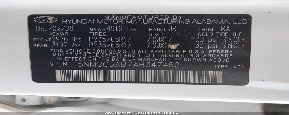 5NMSG3AB7AH347462 2010 HYUNDAI SANTA FE photo no. 9
