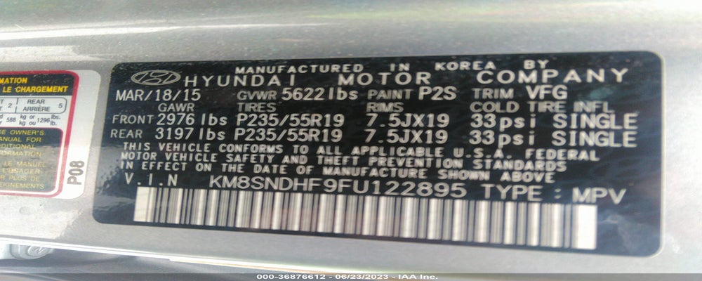 KM8SNDHF9FU122895 2015 HYUNDAI SANTA FE photo no. 9