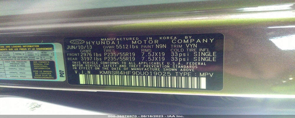KM8SR4HF9DU019025 2013 HYUNDAI SANTA FE photo no. 9
