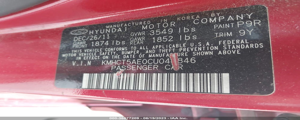 KMHCT5AE0CU041846 2012 HYUNDAI ACCENT photo no. 9