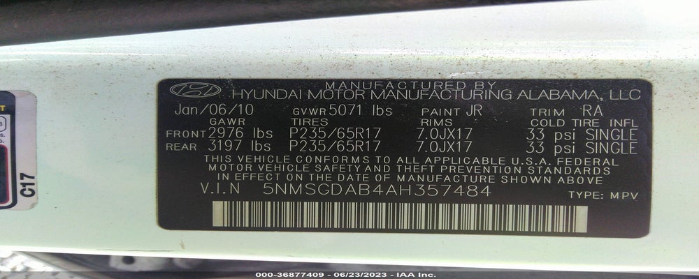 5NMSGDAB4AH357484 2010 HYUNDAI SANTA FE photo no. 9