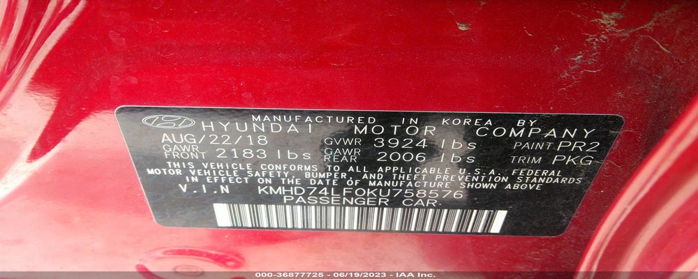 KMHD74LF0KU758576 2019 HYUNDAI ELANTRA photo no. 9