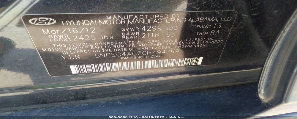 5NPEC4AC2CH494799 2012 HYUNDAI SONATA photo no. 9