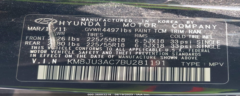 KM8JU3AC7BU281191 2011 HYUNDAI TUCSON photo no. 9