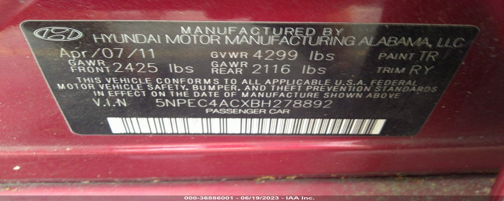 5NPEC4ACXBH278892 2011 HYUNDAI SONATA photo no. 9