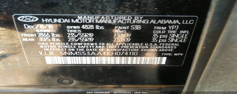 5NMS53AA4KH074110 2019 HYUNDAI SANTA FE photo no. 9