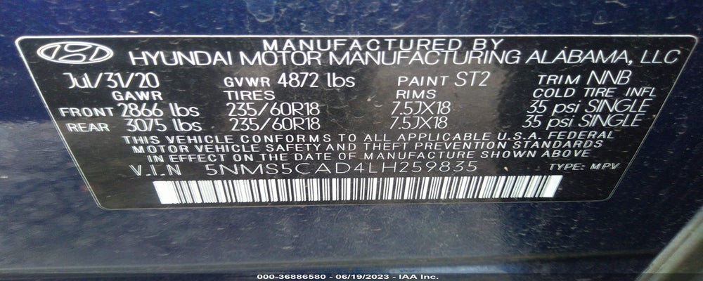 5NMS5CAD4LH259835 2020 HYUNDAI SANTA FE photo no. 9