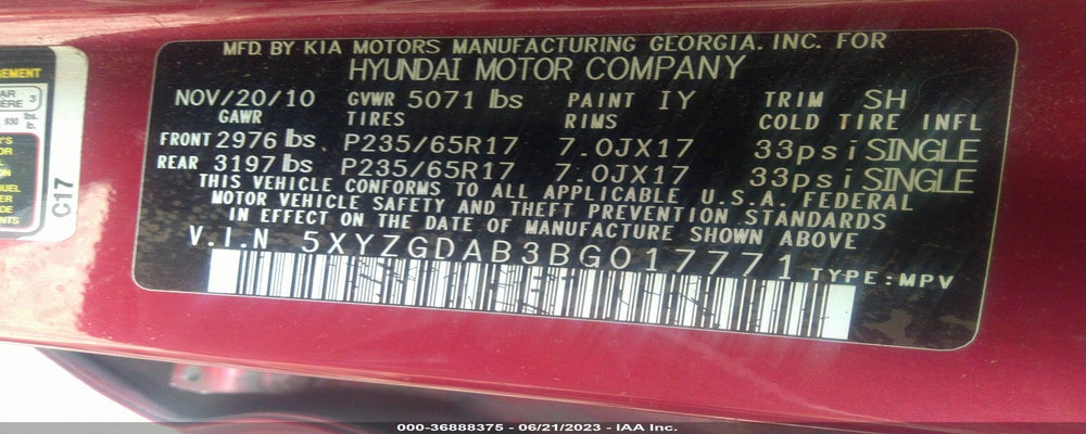 5XYZGDAB3BG017771 2011 HYUNDAI SANTA FE photo no. 9