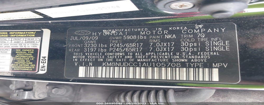 KM8NUDCC1AU105708 2010 HYUNDAI VERACRUZ photo no. 9