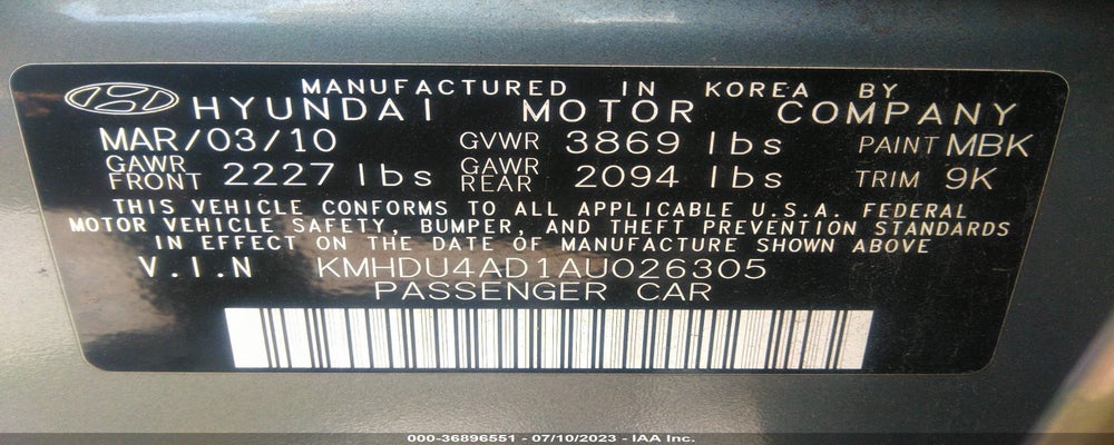KMHDU4AD1AU026305 2010 HYUNDAI ELANTRA photo no. 9