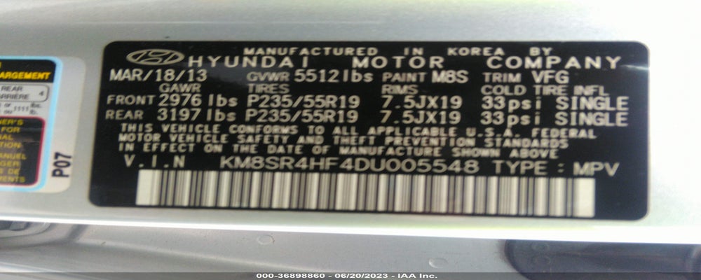 KM8SR4HF4DU005548 2013 HYUNDAI SANTA FE photo no. 9