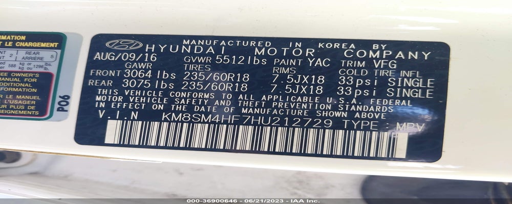 KM8SM4HF7HU212729 2017 HYUNDAI SANTA FE photo no. 9