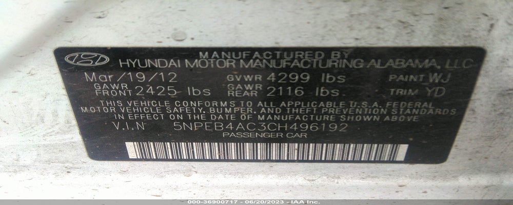 5NPEB4AC3CH496192 2012 HYUNDAI SONATA photo no. 9