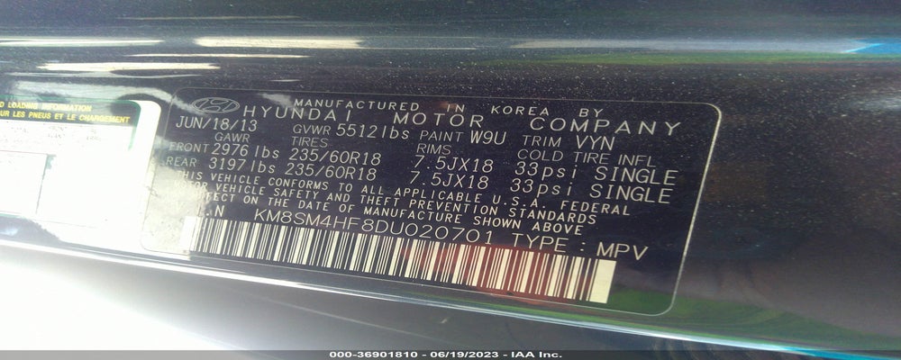 KM8SM4HF8DU020701 2013 HYUNDAI SANTA FE photo no. 9