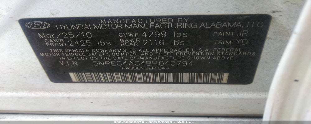 5NPEC4AC4BH040794 2011 HYUNDAI SONATA photo no. 9