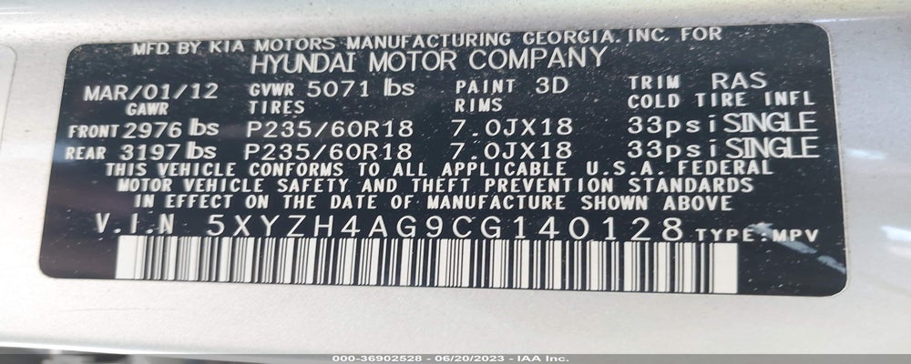5XYZH4AG9CG140128 2012 HYUNDAI SANTA FE photo no. 9