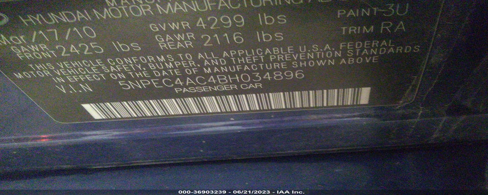 5NPEC4AC4BH034896 2011 HYUNDAI SONATA photo no. 9
