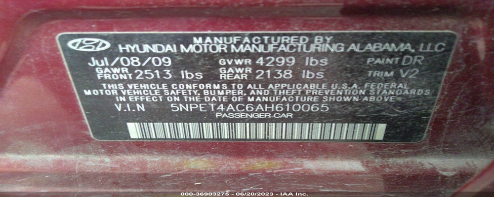 5NPET4AC6AH610065 2010 HYUNDAI SONATA photo no. 9